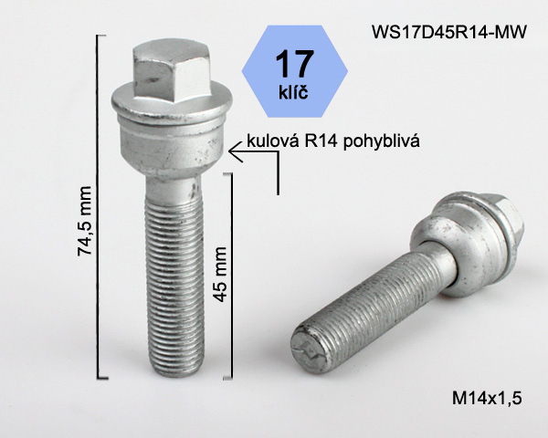 Kolový šroub M14x1,5x45mm, dosedací plocha koule R14 pohyblivá, klíč 17, pozink