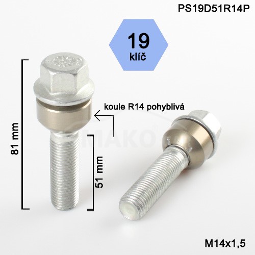 Kolový šroub M14x1,5x51 kulová R14 pohyblivá, klíč 19 výška 81mm