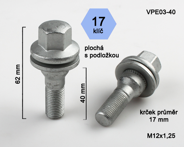 Kolový šroub M12x1,25x40mm, plochá podložka, klíč 17, pozink