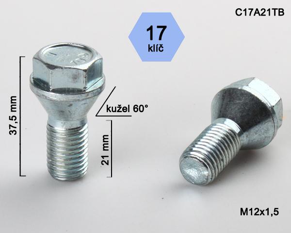 Kolový šroub M12x1,5x21mm, kužel 60° s krátkou hlavou, klíč 17, pozink