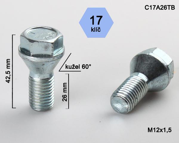 Kolový šroub M12x1,5x26mm, kužel 60° s krátkou hlavou, klíč 17, pozink