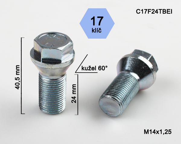 Kolový šroub M14x1,25x24mm kužel 60° s krátkou hlavou, klíč 17, pozink