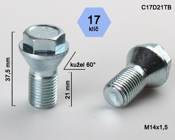 Kolový šroub M14x1,5x21mm, kužel 60° s krátkou hlavou, klíč 17, pozink