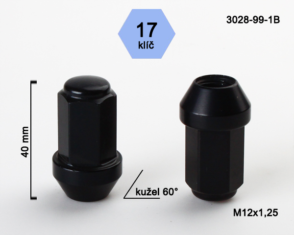 Kolová matice M12x1,25mm, dosedací plocha kužel odlehčená, klíč 17, černý hliník