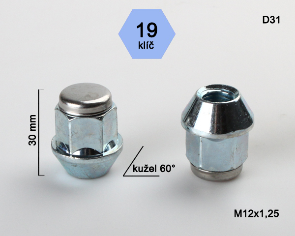 Kolová matice M12x1,25mm, dosedací plocha kužel, nerez víčko, klíč 19, pozink