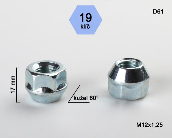 Kolová matice M12x1,25mm, dosedací plocha kužel, otevřená, klíč 19, pozink