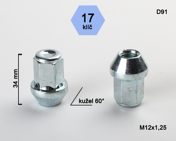 Kolová matice M12x1,25mm, dosedací plocha kužel, zavřená, klíč 17, pozink