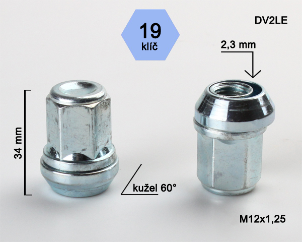 Kolová matice M12x1,25, dosedací plocha kužel plovoucí, zavřená, klíč 19, pozink