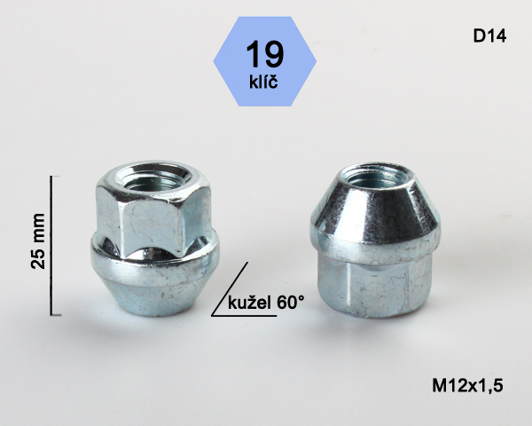 Matice na kola M12x1,5mm, dosedací plocha kužel, otevřená, klíč 19, pozink