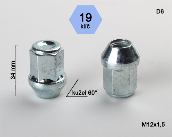 Kolová matice M12x1,5mm, dosedací plocha kužel, zavřená, klíč 19, pozink