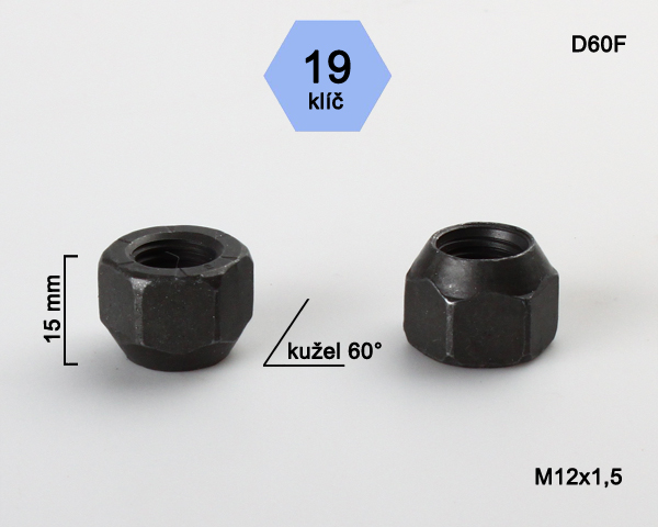 Kolová matice M12x1,5mm, dosedací plocha kužel, otevřená, klíč 19, černý pozink