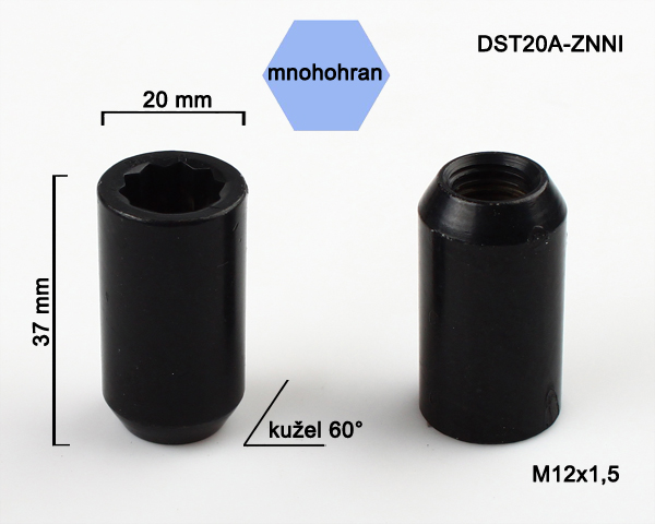 Kolová matice M12x1,5, kužel s vnitřním mnohohranem, průměr 20, černý pozink