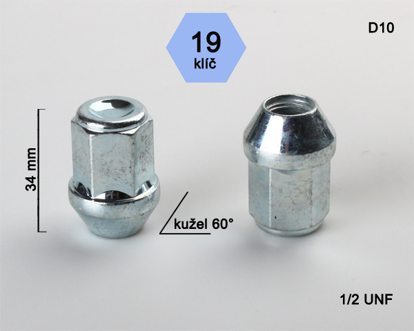 Kolová matice 1/2 UNF, dosedací plocha kužel, zavřená, klíč 19, pozink