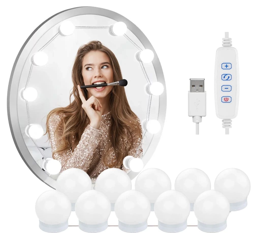 Světla na zrcadlo toaletního stolku pro líčení, 10 kusů, 3 barvy osvětlení, nastavení jasu, 2m USB kabel