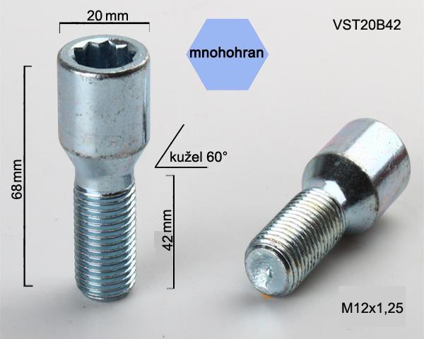 Kolový šroub M12x1,25x42, kužel s vnitřním mnohohranem, průměr hlavy 20, pozink