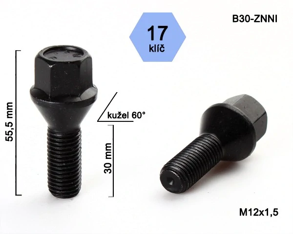 Kolový šroub M12x1,5x30mm, dosedací plocha kužel, klíč 17, černý pozink, BIMECC