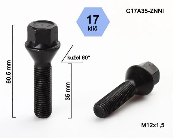 Kolový šroub M12x1,5x35mm, dosedací plocha kužel, klíč 17, černý pozink, BIMECC