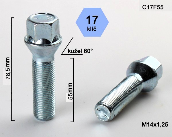 Kolový šroub M14x1,25x55mm, dosedací plocha kužel, klíč 17, pozink