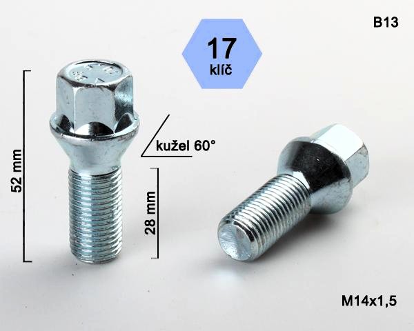 Kolový šroub M14x1,5x28mm, dosedací plocha kužel, klíč 17, pozink, BIMECC