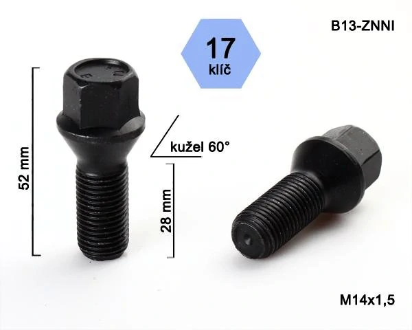 Kolový šroub M14x1,5x28mm, dosedací plocha kužel, klíč 17, černý pozink, BIMECC