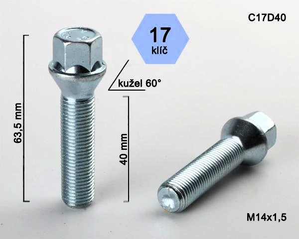 Kolový šroub M14x1,5x40mm, dosedací plocha kužel, klíč 17, pozink, BIMECC