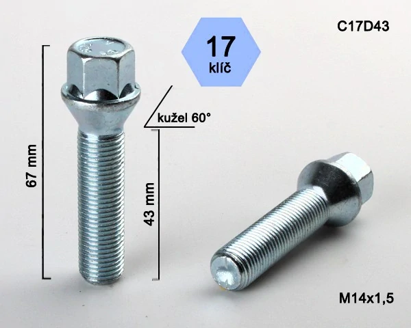 Kolový šroub M14x1,5x43mm, dosedací plocha kužel, klíč 17, pozink, BIMECC