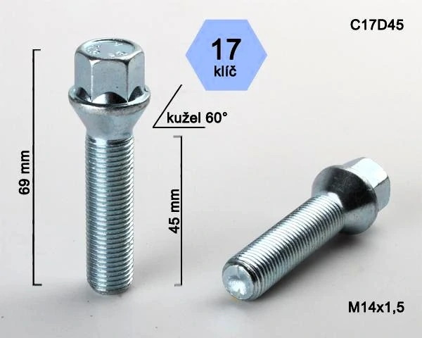 Kolový šroub M14x1,5x45mm, dosedací plocha kužel, klíč 17, pozink, BIMECC