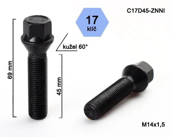 Kolový šroub M14x1,5x45mm, dosedací plocha kužel, klíč 17, černý pozink, BIMECC