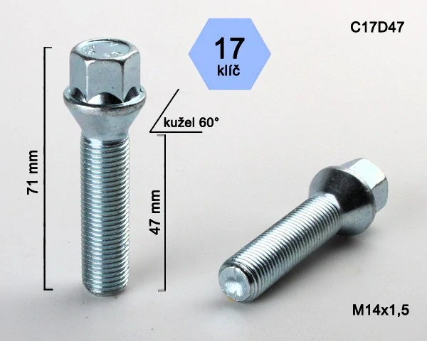 Kolový šroub M14x1,5x47mm, dosedací plocha kužel, klíč 17, pozink, BIMECC