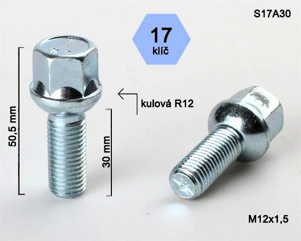 Kolový šroub M12x1,5x30mm, dosedací plocha koule R12, klíč 17, pozink