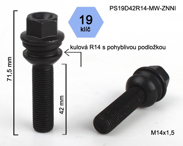 Kolový šroub M14x1,5x42mm, dosedací plocha koule R14 pohyblivá, klíč 19, pozink černý