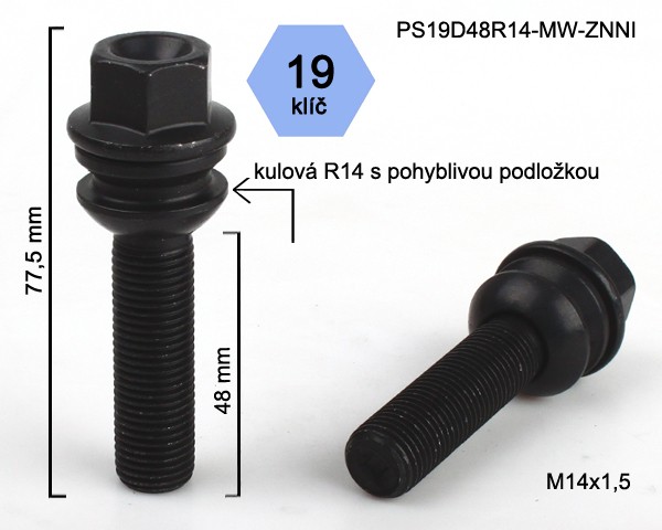 Kolový šroub M14x1,5x48mm, dosedací plocha koule R14 pohyblivá, klíč 19, pozink černý