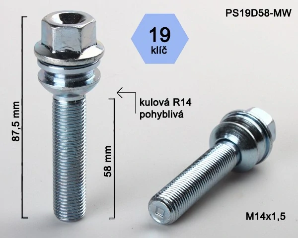 Kolový šroub M14x1,5x58mm, dosedací plocha koule R14 pohyblivá, klíč 19, pozink stříbrný