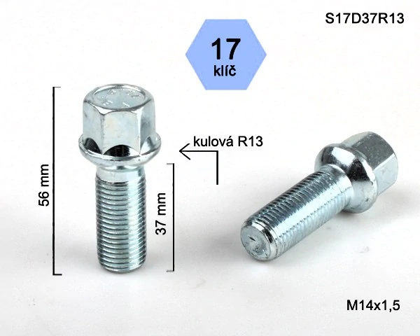 Kolový šroub M14x1,5x37mm, dosedací plocha koule R13, klíč 17, pozink