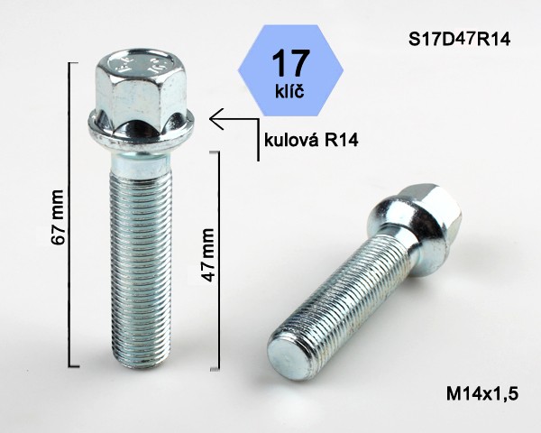 Kolový šroub M14x1,5x47mm, dosedací plocha koule R14, klíč 17, pozink