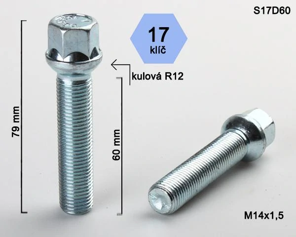 Kolový šroub M14x1,5x60mm, dosedací plocha koule R12, klíč 17, pozink
