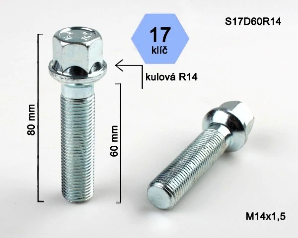 Kolový šroub M14x1,5x60mm, dosedací plocha koule R14, klíč 17, pozink