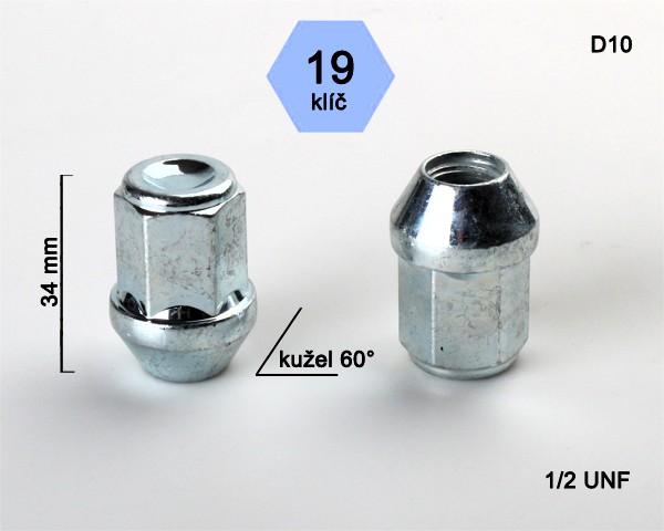 Kolová matice 1/2 UNF, dosedací plocha kužel, zavřená, klíč 19, pozink