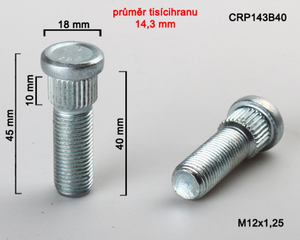 Kolový Svorník M12x1,25x40mm, průměr tisicíhranu 14,3mm