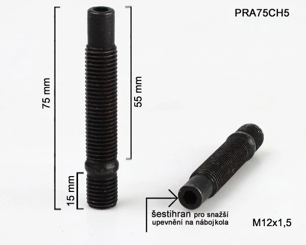 Kolový Svorník M12x1,5x55+15mm, oboustranný závit, černý, celková délka 75mm