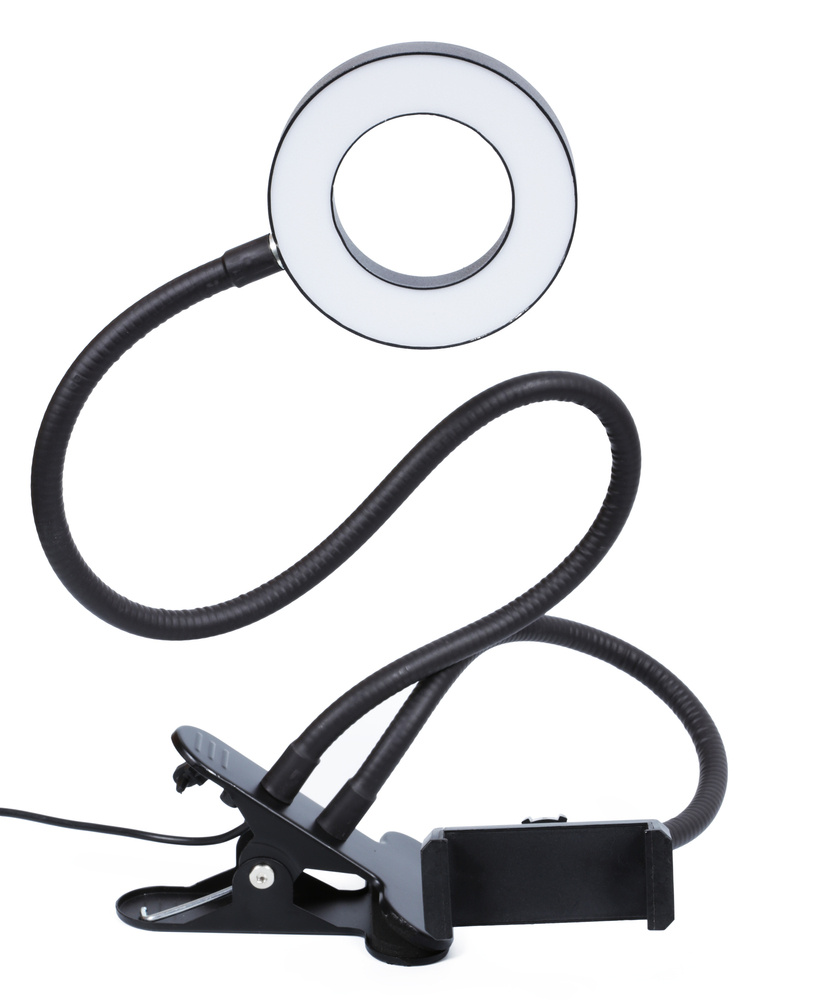 Kruhové světlo USB 30W na ohebné hlavici LED RING pro líčení a streamování, flexibilní stativ a držák telefonu