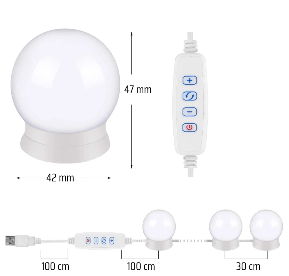 Světla na zrcadlo toaletního stolku pro líčení, 10 kusů, 3 barvy osvětlení, nastavení jasu, 2m USB kabel
