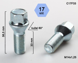 Kolový šroub M14x1,25x33mm, dosedací plocha kužel, klíč 17, pozink